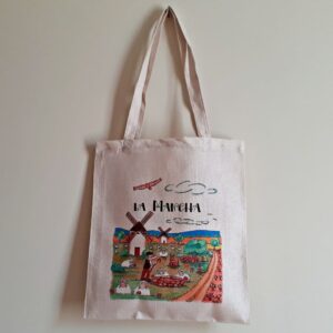 Bolsa tote bag con una ilustración artesanal dedicada a La Mancha