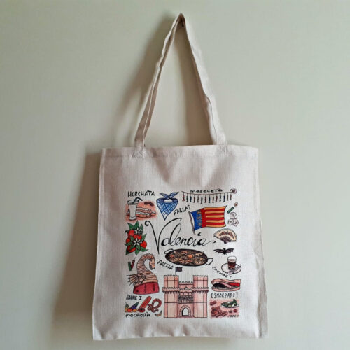 Bolsa tote bag con una ilustración artesanal dedicada a Valencia