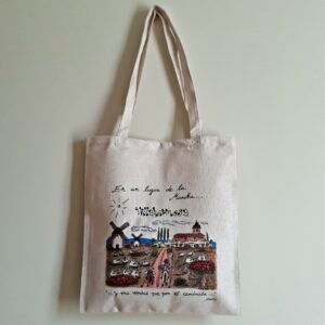 Bolsa tote bag con una ilustración artesanal dedicada al Quijote por su paso por Villahermosa