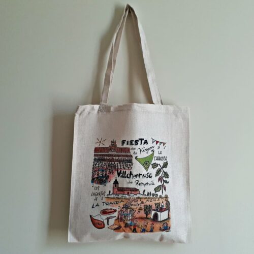 Bolsa tote bag con una ilustración artesanal dedicada a la Romería de Villahermosa