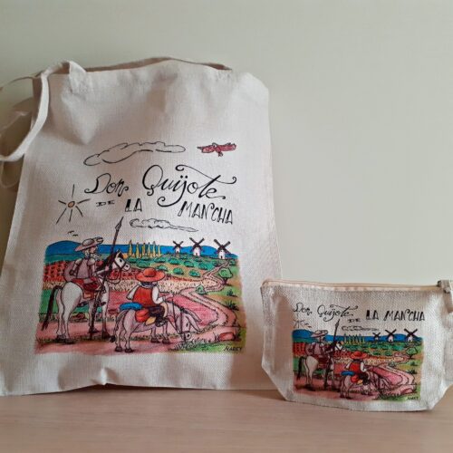 Conjunto de bolsa tote bag y neceser con un diseño exclusivo dedicado a Don Quijote de La Mancha