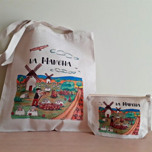 Conjunto de bolsa tote bag y neceser con un diseño exclusivo dedicado a La Mancha