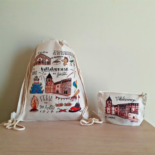 Conjunto de mochila y neceser con un diseño exclusivo dedicado a las fiestas de Villahermosa