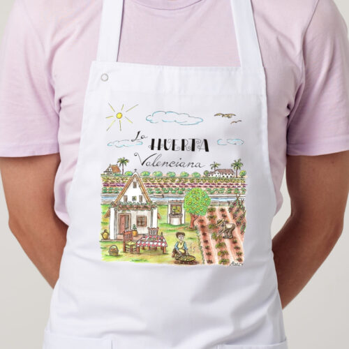 Delantal con un diseño artesanal dedicado a la huerta valenciana.