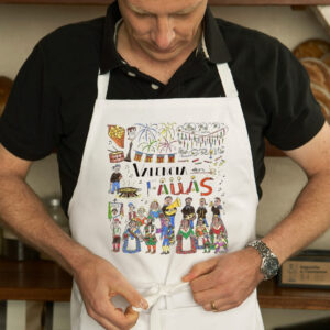 Delantal con un diseño artesanal dedicado a Valencia en Fallas.