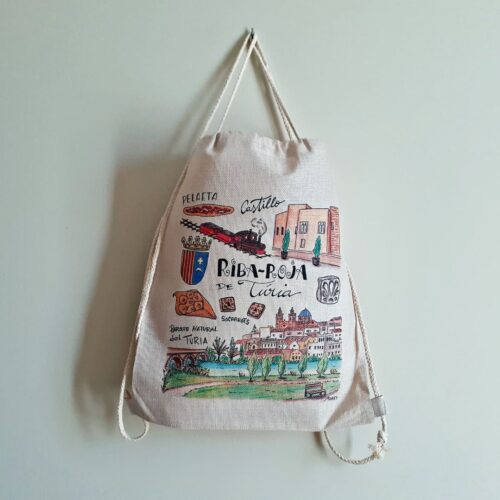Mochila con una ilustración artesanal dedicada a Riba-roja de Túria