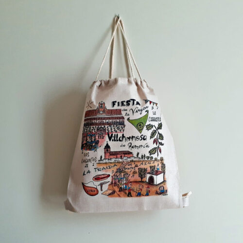 Mochila con una ilustración artesanal dedicada a la Romería de Villahermosa