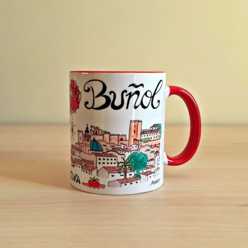 Taza de cerámica de colores con una ilustración artesanal dedicada a Buñol