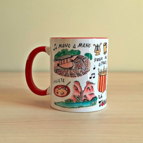 Taza de cerámica de colores con una ilustración artesanal dedicada a Buñol vista trasera.