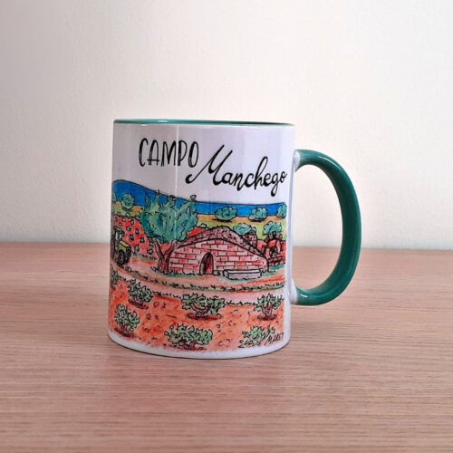 Taza de cerámica de colores con una ilustración artesanal dedicada al campo manchego.