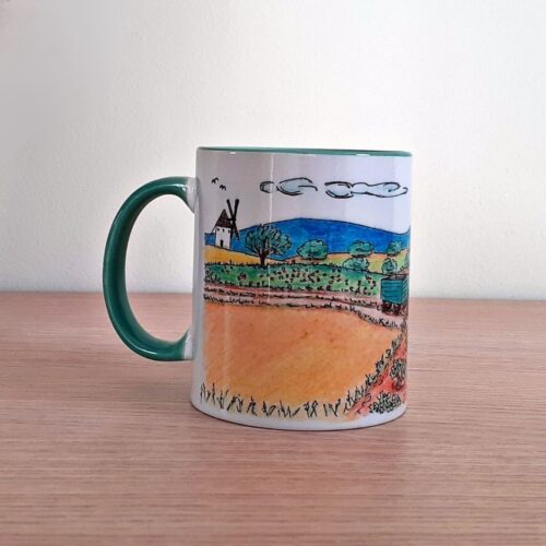 Taza de cerámica de colores con una ilustración artesanal dedicada al campo manchego vista trasera