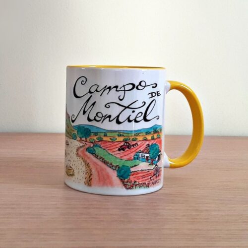 Taza de cerámica de colores con una ilustración artesanal dedicada al Campo de Montiel