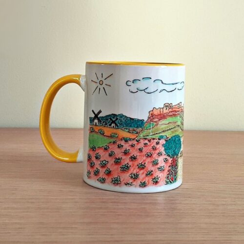 Taza de cerámica de colores con una ilustración artesanal dedicada al Campo de Montiel vista trasera