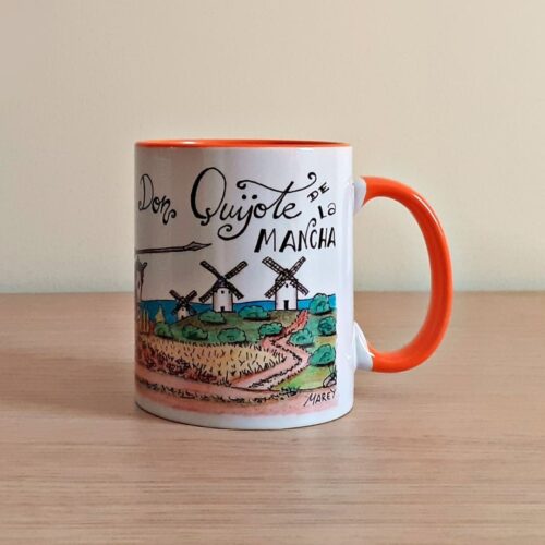 Taza de cerámica de colores con una ilustración artesanal dedicada a Don Quijote de La Mancha