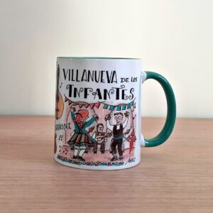 Taza de cerámica de colores con una ilustración artesanal dedicada a la Feria del Pimiento de Villanueva de los Infantes
