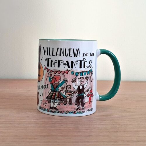 Taza de cerámica de colores con una ilustración artesanal dedicada a la Feria del Pimiento de Villanueva de los Infantes