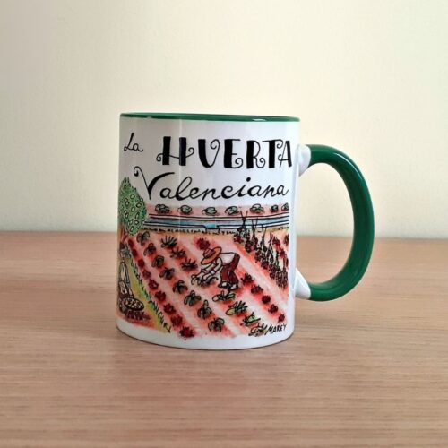 Taza de cerámica de colores con una ilustración artesanal dedicada a la huerta valenciana.