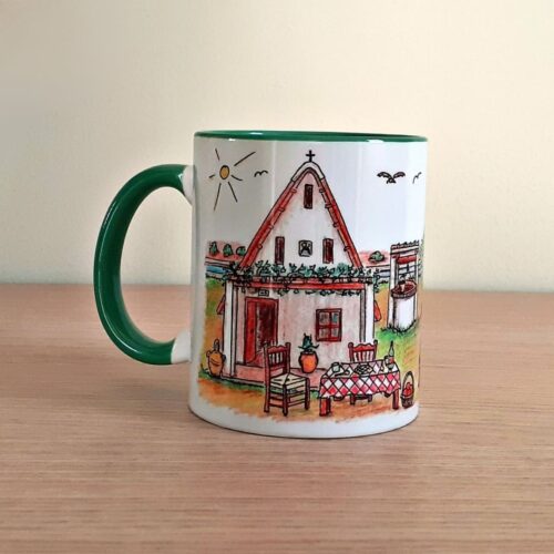 Taza de cerámica de colores con una ilustración artesanal dedicada a la huerta valenciana, vista trasera