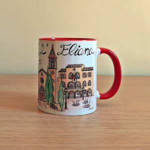 Taza de cerámica de colores con una ilustración artesanal dedicada a La Eliana.