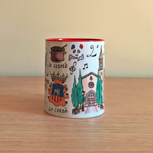 Taza de cerámica de colores con una ilustración artesanal dedicada a La Eliana vista lateral.