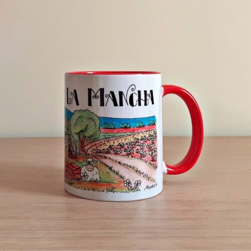 Taza de cerámica de colores con una ilustración artesanal dedicada a La Mancha