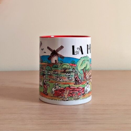 Taza de cerámica de colores con una ilustración artesanal dedicada a La Mancha vista lateral