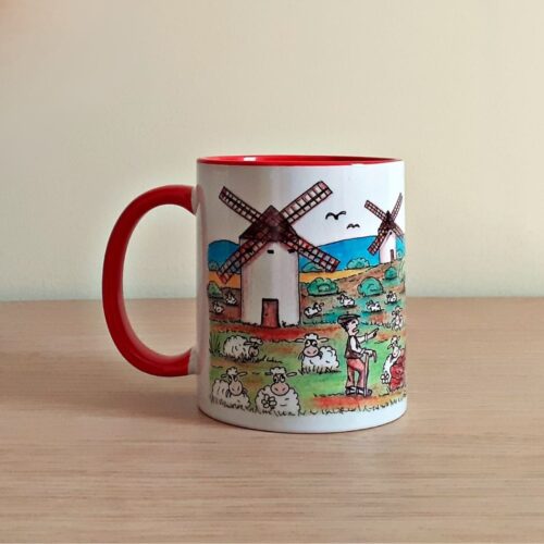 Taza de cerámica de colores con una ilustración artesanal dedicada a La Mancha vista trasera