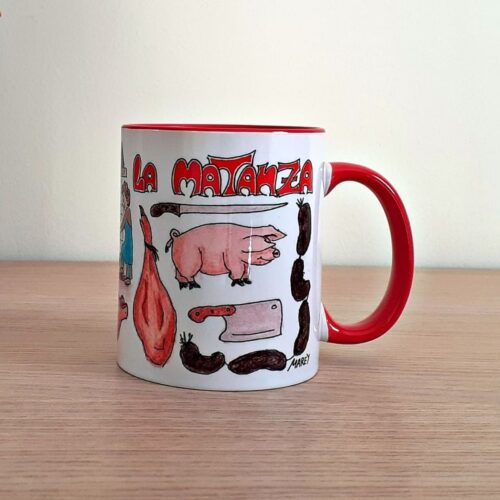 Taza de cerámica de colores con una ilustración artesanal dedicada a la matanza del cerdo