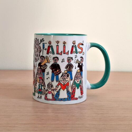 Taza de cerámica de colores con una ilustración artesanal dedicada a Las Fallas