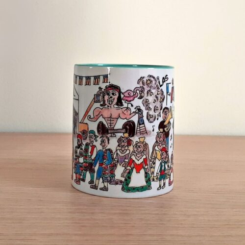 Taza de cerámica de colores con una ilustración artesanal dedicada a Las Fallas vista lateral