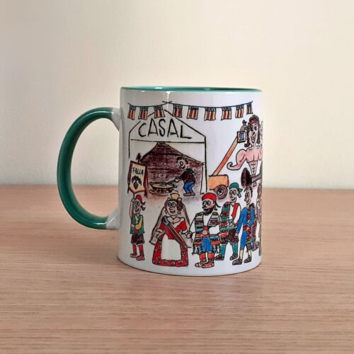 Taza de cerámica de colores con una ilustración artesanal dedicada a Las Fallas vista trasera