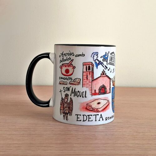 Taza de cerámica de colores con una ilustración artesanal dedicada a Lliria, vista trasera