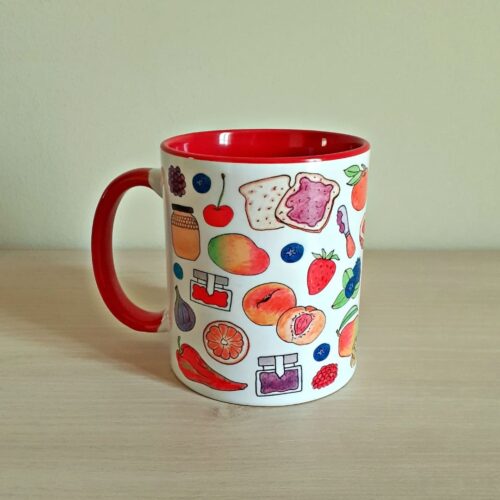 Taza de cerámica de colores con una ilustración artesanal dedicada a las mermeladas vista trasera