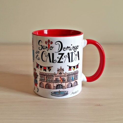 Taza de cerámica de colores con una ilustración artesanal dedicada a Santo Domingo de la Calzada