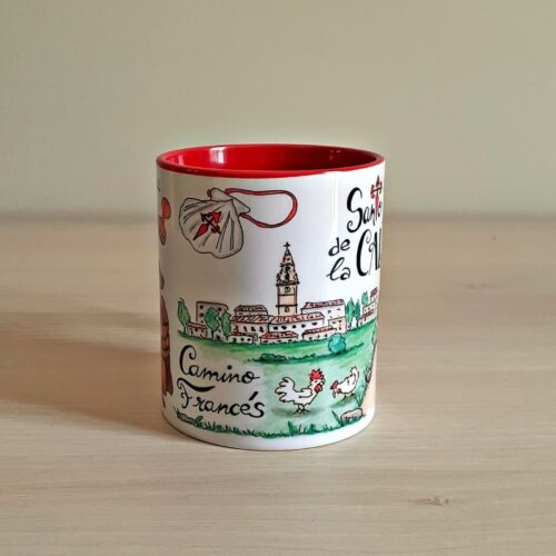 Taza de cerámica de colores con una ilustración artesanal dedicada a peregrinos de Santo Domingo de la Calzada vista lateral
