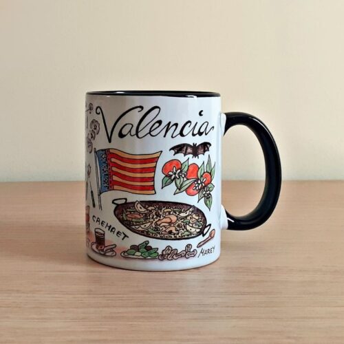 Taza de cerámica de colores con una ilustración artesanal dedicada a Valencia