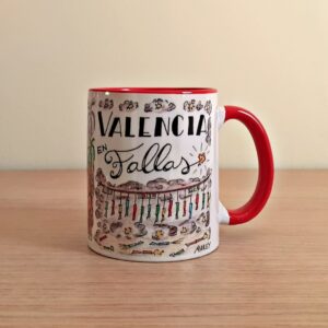 Taza de cerámica de colores con una ilustración artesanal dedicada a Valencia en Fallas