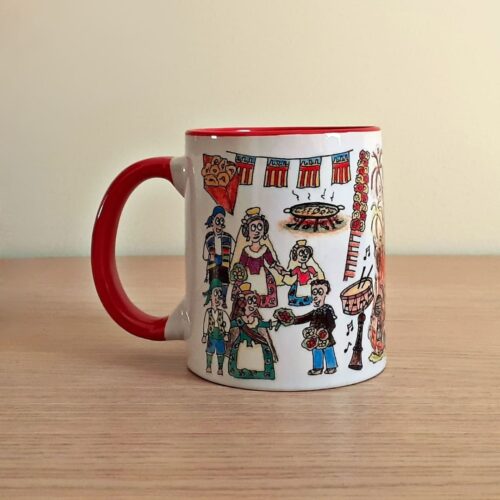 Taza de cerámica de colores con una ilustración artesanal dedicada a Valencia en Fallas vista trasera