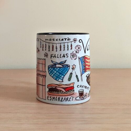 Taza de cerámica de colores con una ilustración artesanal dedicada a Valencia vista lateral