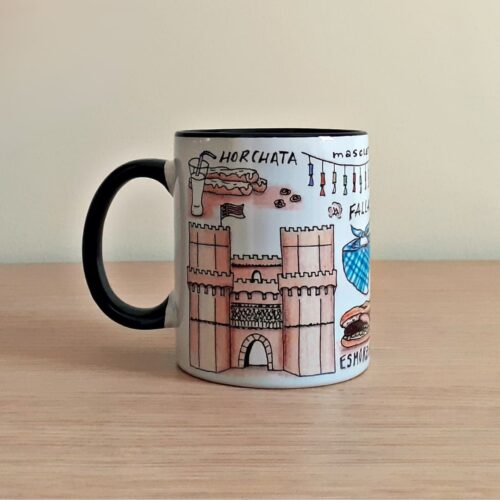 Taza de cerámica de colores con una ilustración artesanal dedicada a Valencia vista trasera