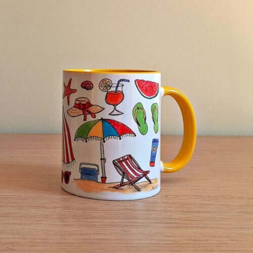 Taza de cerámica de colores con una ilustración artesanal dedicada al verano