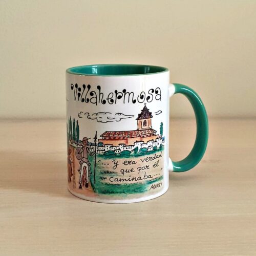 Taza de cerámica de colores con una ilustración artesanal dedicada al Quijote por su paso por Villahermosa