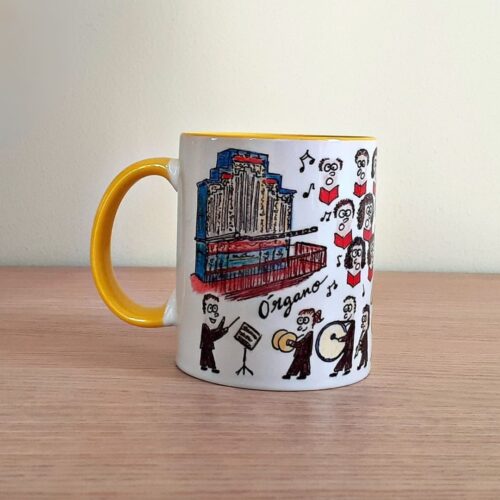 Taza de cerámica de colores con una ilustración artesanal dedicada a la música en Villahermosa vista trasera