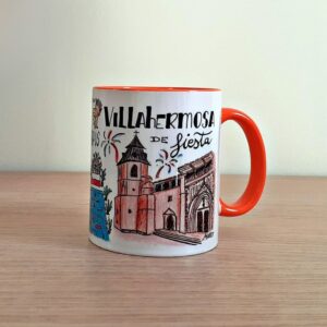 Taza de cerámica de colores con una ilustración artesanal dedicada a las fiestas de Villahermosa