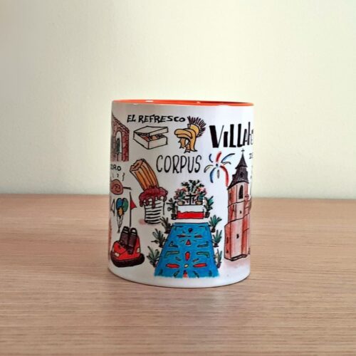 Taza de cerámica de colores con una ilustración artesanal dedicada a las fiestas de Villahermosa vista lateral