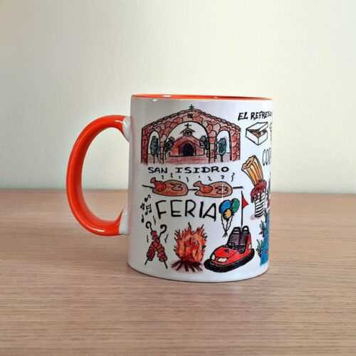 Taza de cerámica de colores con una ilustración artesanal dedicada a las fiestas de Villahermosa vista trasera
