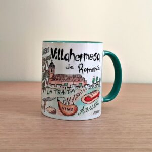 Taza de cerámica de colores con una ilustración artesanal dedicada a la Romería de Villahermosa