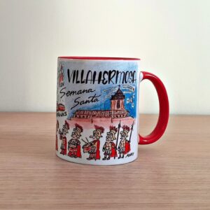 Taza de cerámica de colores con una ilustración artesanal dedicada a la Semana Santa de Villahermosa
