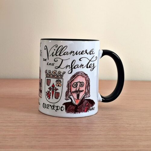 Taza de cerámica de colores con una ilustración artesanal dedicada a Villanueva de los Infantes