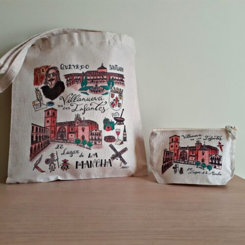 Conjunto de bolsa tote bag y neceser con un diseño exclusivo dedicado a Villanueva de los Infantes